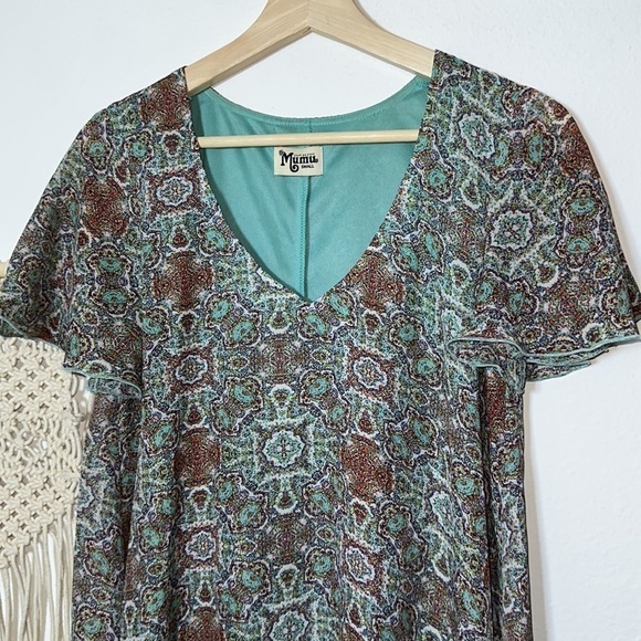 Show Me Your Mumu Kylie A-line Teal Mini Dress Kaleidoscope Flutter Sleeve Sz.S - Picture 3 of 8